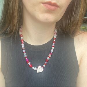 True Love Pink Red & White Beaded Necklace Ceramic Heart Face Pendant Pearl